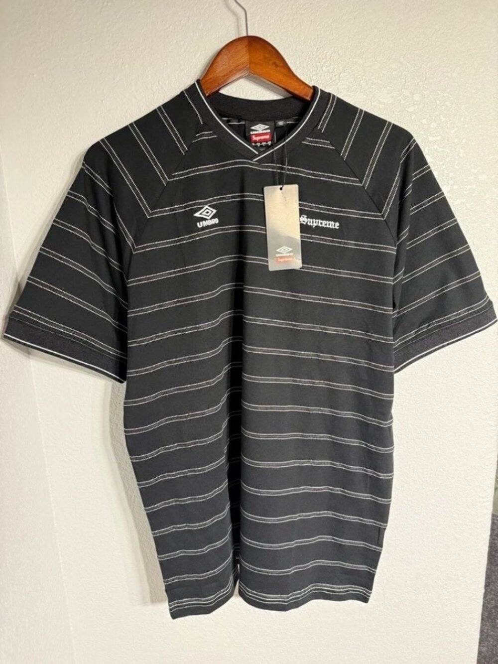 Supreme Men’s Black/White Striped Umbro Logo V-Neck Jersey Tee M
